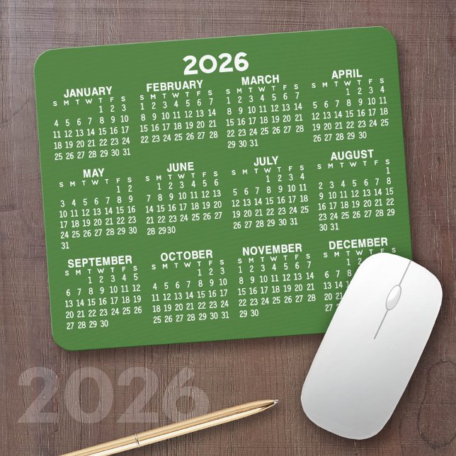 Tapis De Souris Calendrier - moderne vert et blanc simple (2026 Calendar on a Mousepad)