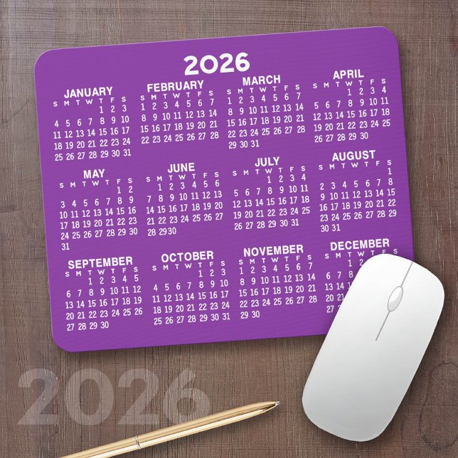 Tapis De Souris Calendrier - moderne violet et blanc simple (2026 Calendar on a Mousepad)
