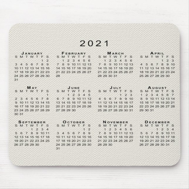 Tapis De Souris Calendrier noir 2021 sur toile beige Faux Texture (Devant)