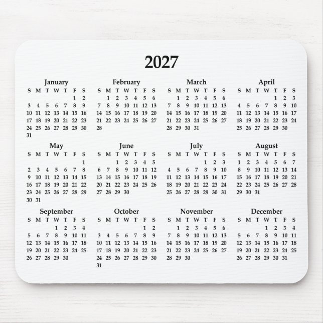 Tapis De Souris Calendrier noir 2027 sur fond blanc (Devant)