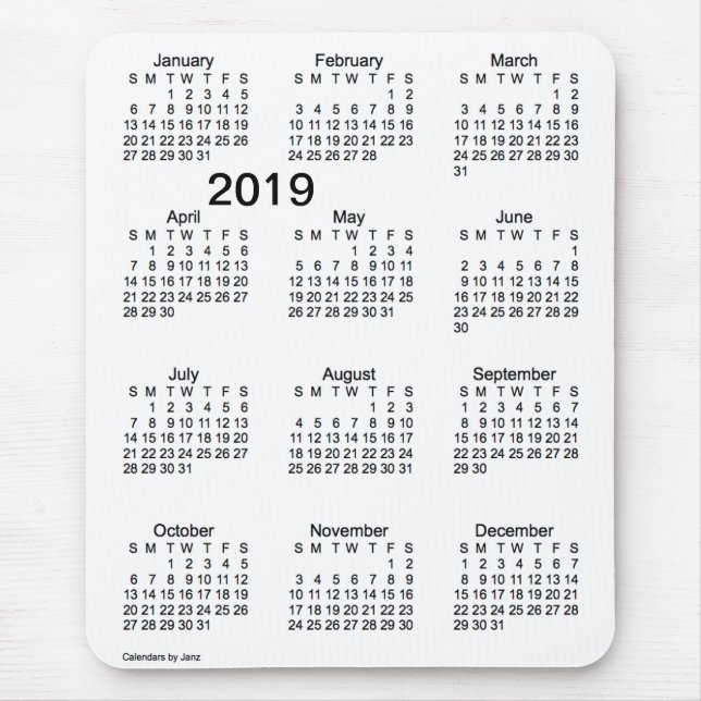 Tapis De Souris Calendrier noir et blanc des gros caractères 2019 (Devant)