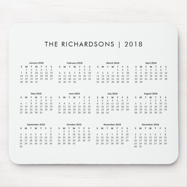 Tapis De Souris Calendrier noir et blanc simple 2018 et moderne (Devant)
