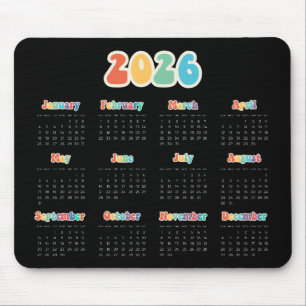 Tapis De Souris Calendrier noir Hippie 2025 des années 60 rétro