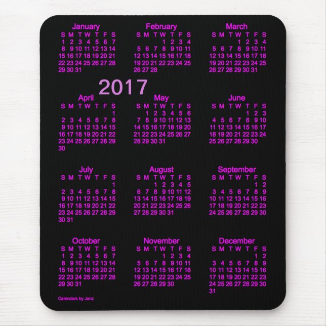Tapis De Souris Calendrier rose au néon des gros caractères 2017 (Devant)