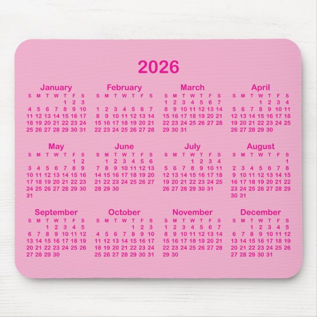 Tapis De Souris Calendrier Rose Clair et Chaud 2026 (Devant)