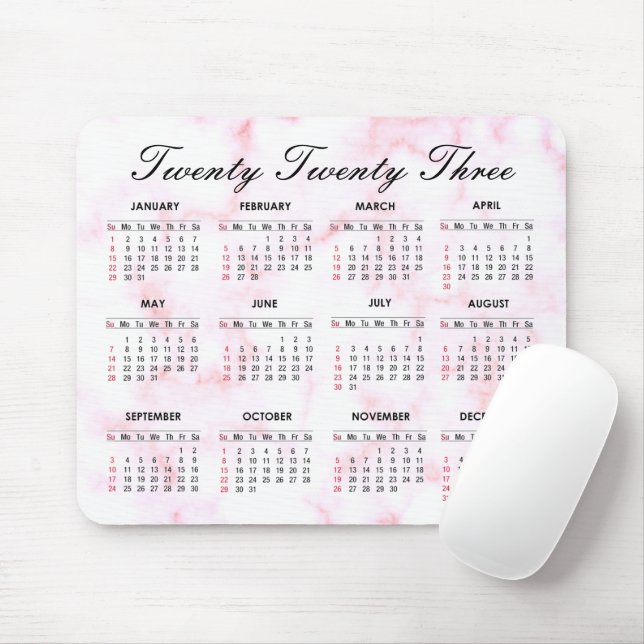 Tapis De Souris Calendrier rose et Marbre blanc 2023 (Avec souris)