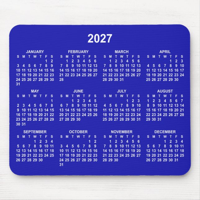 Tapis De Souris Calendrier Royal Bleu et Blanc 2027 (Devant)