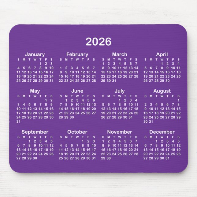 Tapis De Souris Calendrier Royal Violet et Blanc 2026 (Devant)
