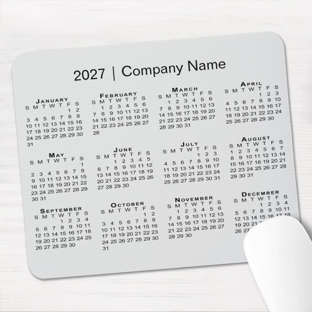 Tapis De Souris Calendrier simple 2027 avec nom de l'entreprise Gr (Simple 2027 Calendar with Company Name Grey Mouse Pad in situ)