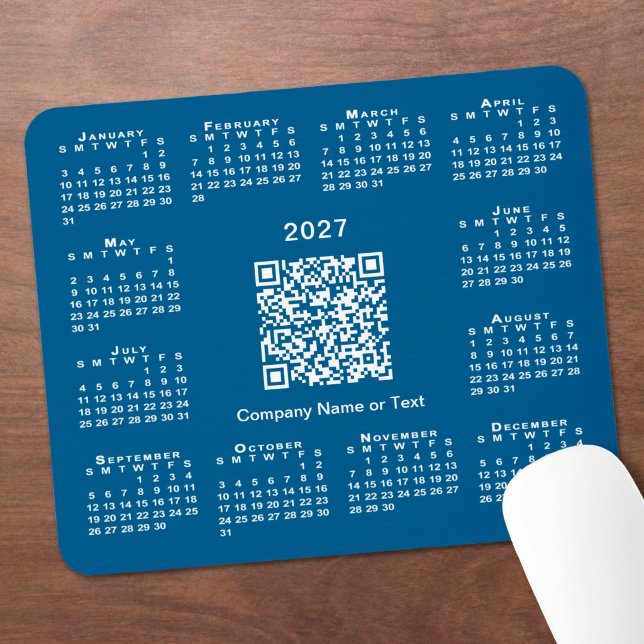 Tapis De Souris Calendrier simple 2027 Code QR Entreprise Bleu (Simple 2027 Calendar Business QR Code Blue Mouse Pad in situ)