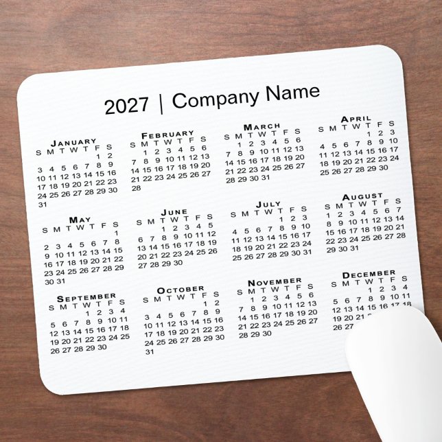 Tapis De Souris Calendrier simple 2027 Nom de l'entreprise Blanc (Simple 2027 Calendar Company Name White Mouse Pad in situ)
