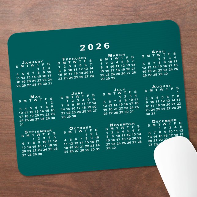 Tapis De Souris Calendrier simple bleu-vert et blanc 2026 (Simple Blue-Green and White 2026 Calendar Mouse Pad, in situ)