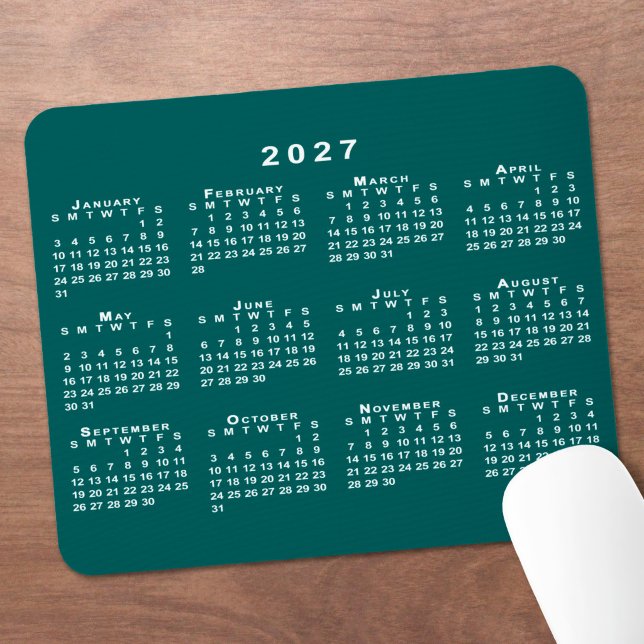 Tapis De Souris Calendrier simple bleu-vert et blanc 2027 (Simple Blue-Green and White 2027 Calendar Mouse Pad in situ)