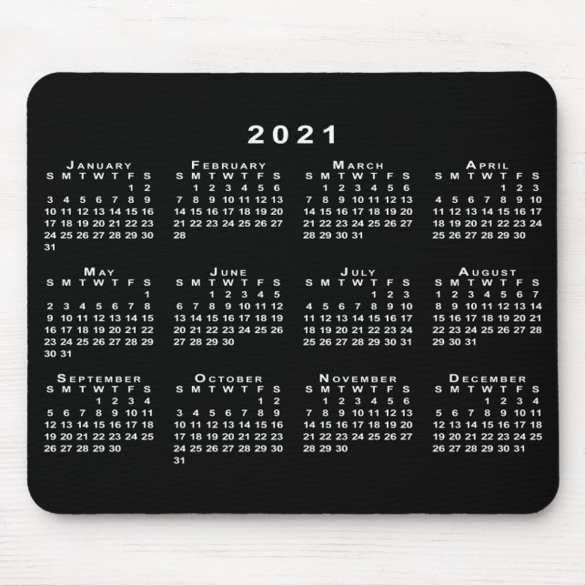 Tapis De Souris Calendrier simple noir et blanc 2021 (Devant)