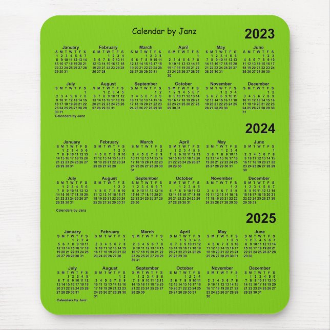 Tapis De Souris Calendrier vert 3 ans 2023-2025 Jaune par Janz Mou (Devant)