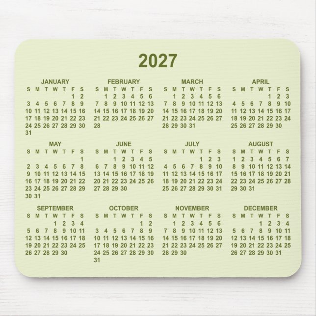 Tapis De Souris Calendrier Vert Citron Pastel 2027 (Devant)