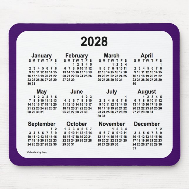 Tapis De Souris Calendrier violet et blanc 2028 par Janz Two Tone (Devant)