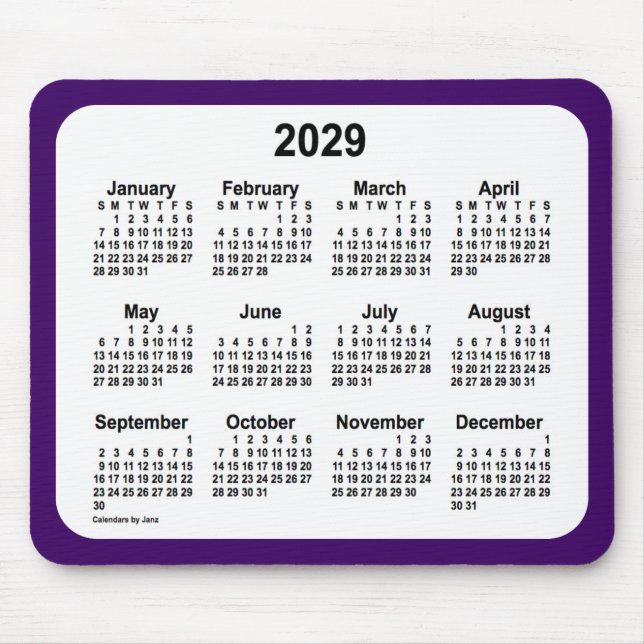 Tapis De Souris Calendrier violet et blanc 2029 par Janz Two Tone (Devant)