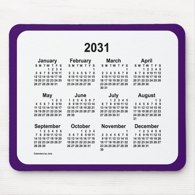 Tapis De Souris Calendrier violet et blanc 2031 par Janz Two Tone (Devant)