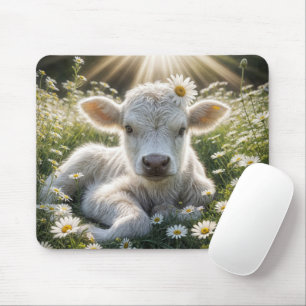 Tapis De Souris Calf Blanc Dans Le pré De Daisy