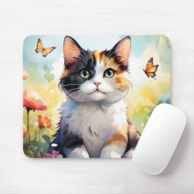 Tapis De Souris Calico Cat dans le jardin de printemps avec papill (Avec souris)