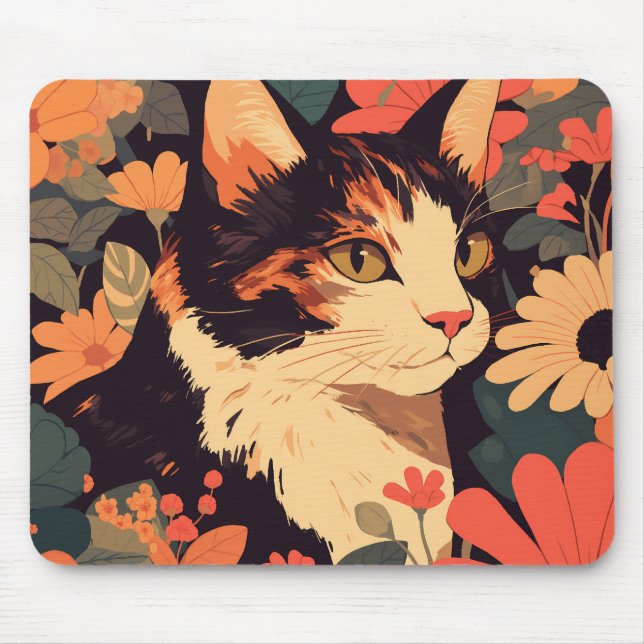 Tapis De Souris Calico Chat dans le Jardin Floral (Devant)