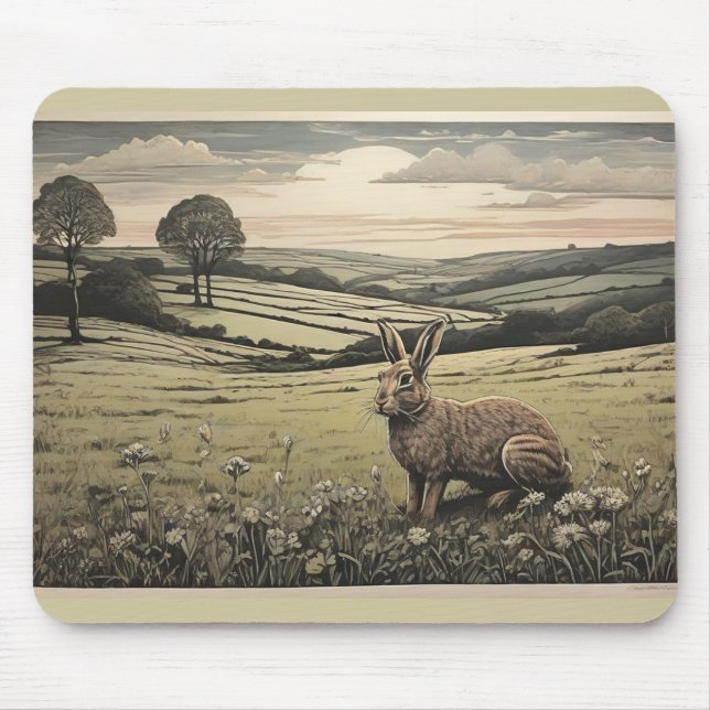 Tapis De Souris Calm Sage Green Impression de Campagne et Lapin (Devant)