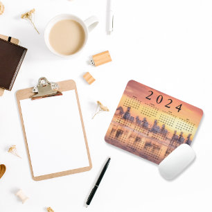 Tapis De Souris Camargue Chevaux blancs au coucher du soleil Calen