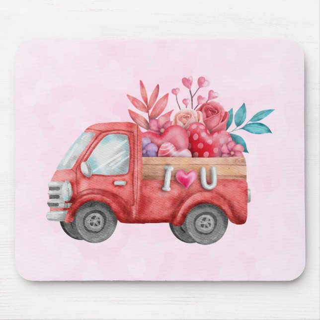 Tapis De Souris Camion d'amour mignon avec Coeur Cargo Aquarelle (Devant)
