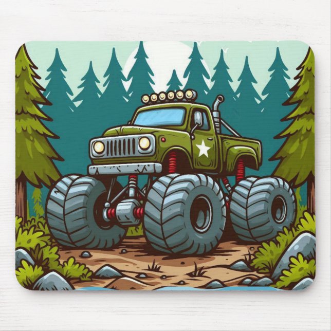 Tapis De Souris Camion Monster Vert dans la forêt (Devant)