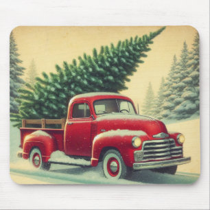 Tapis De Souris Camion rouge vintage avec sapin de Noël