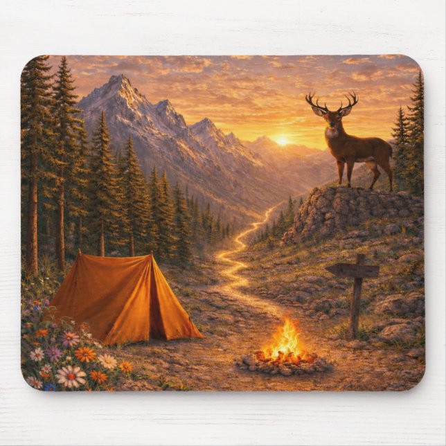 Tapis de Souris Camping Cerf au Coucher de Soleil  (Devant)
