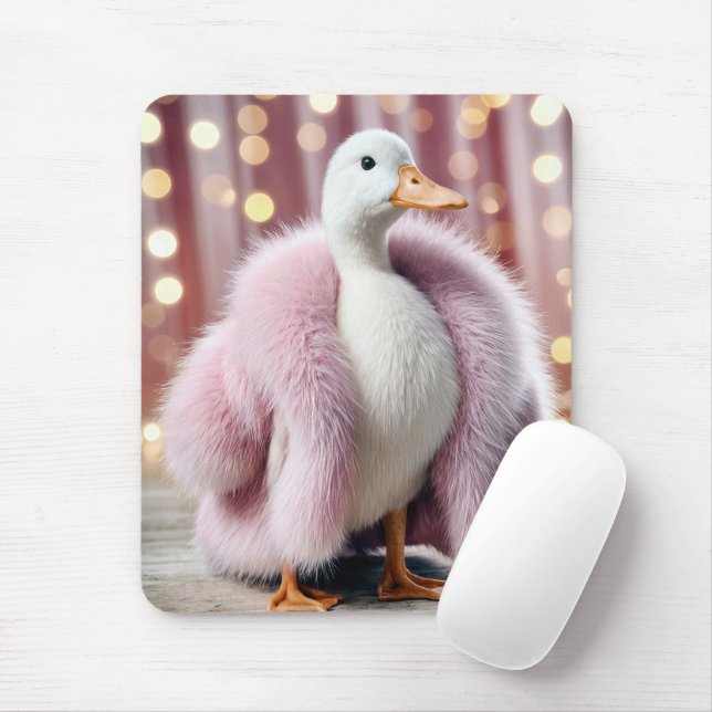 Tapis De Souris Canard blanc portant un manteau de fourrure rose (Avec souris)