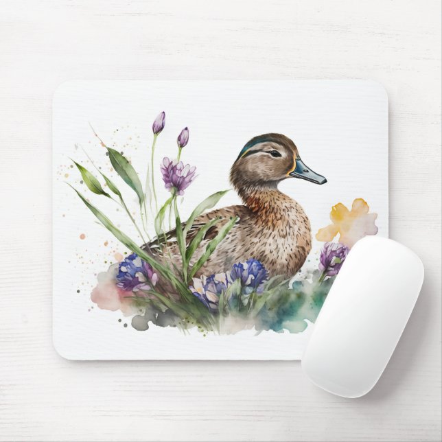 Tapis De Souris Canard D'Aquarelle En Fleurs (Avec souris)