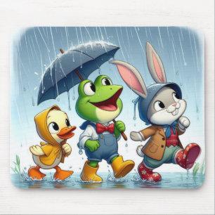 Tapis De Souris Canard mignon, grenouille, lapin sous la pluie