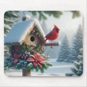 Tapis De Souris Cardinal d'hiver sur une maison d'oiseaux festive