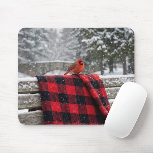 Tapis De Souris Cardinal On a Snowy Plaid Blanket (Avec souris)