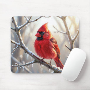 Tapis De Souris Cardinal perché sur une branche d'hiver avec des g