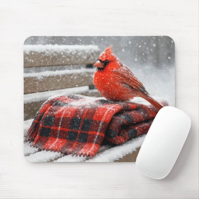 Tapis De Souris Cardinal rouge sur une couverture écossaise enneig (Avec souris)
