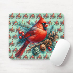 Tapis De Souris Cardinal sur une branche de pin avec des baies d'h