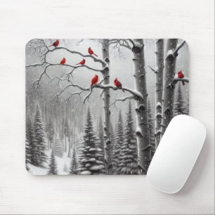 Tapis De Souris Cardinaux Rouges En Forêt D'Hiver