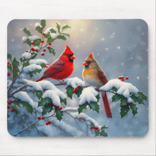 Tapis De Souris Cardinaux rouges et houx dans la neige