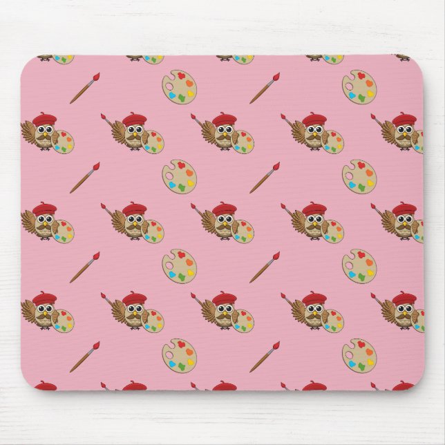 Tapis De Souris Caricature de Chouette Peintre Cute (Devant)