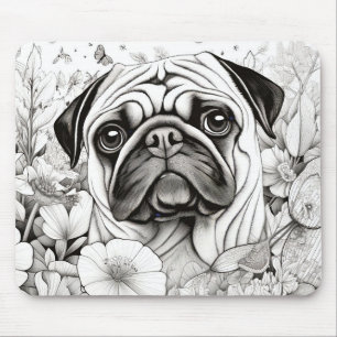Tapis De Souris Carlin de chien Nature paisible Prairie Croquis de