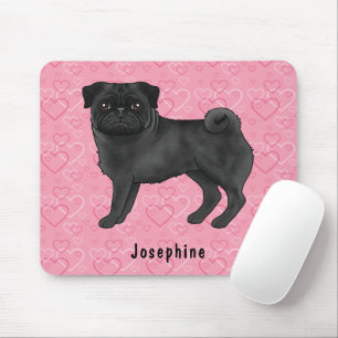 Tapis De Souris Carlin noir Mops et coeurs roses avec nom