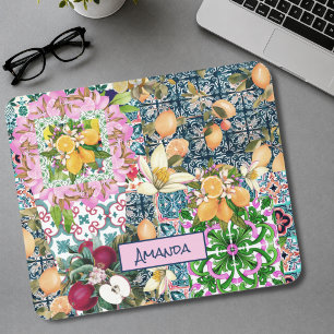 Tapis De Souris Carreaux floraux de citrus siciliens bleus roses c