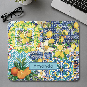 Tapis De Souris Carreaux floraux de citrus siciliens turquoise ble