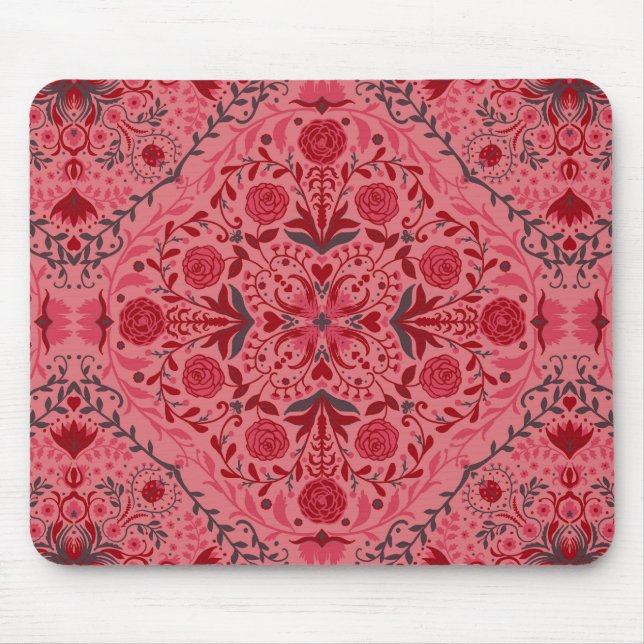 Tapis De Souris Carreaux floraux en rouge et pastèque rose (Devant)