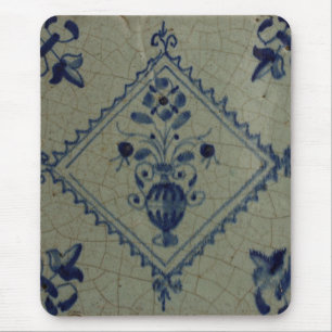 Tapis De Souris Carrelage Bleu Delft - Vase avec Fleurs et Bouquet