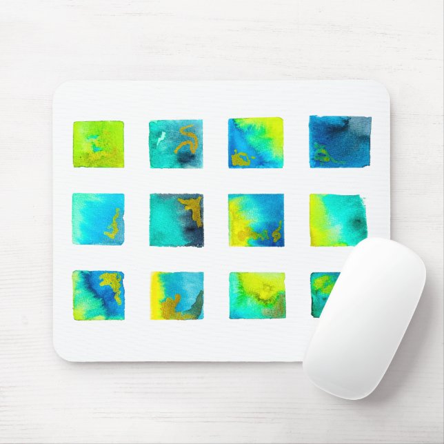 Tapis De Souris carrés bleus et verts à l'aquarelle (Avec souris)